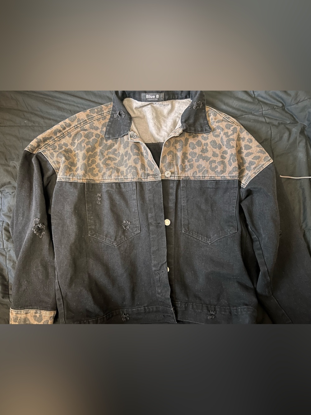 Women's Black Denim Jacket with Leopard Yoke